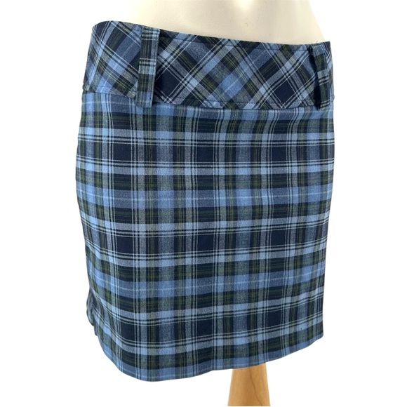 Vintage 90s Y2K Mandee Blue and Green Plaid Print Mini Skirt with Wide Waistband - Picture 3 of 9